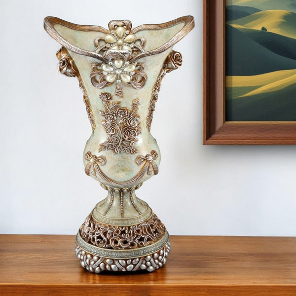 HomeRoots 16" Elegant Green Bronze & Silver Floral Trumpet Vase – Artisanal Polyresin Décor with Stones 468935