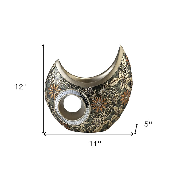 Homeroots 12" Polyresin Gold Floral Novelty Table Vase  Polyresin 468940