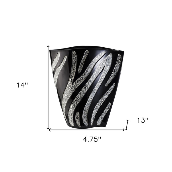 Homeroots 14" Black And Silver Striped Wavy Polyresin Table Vase  Polyresin 468943