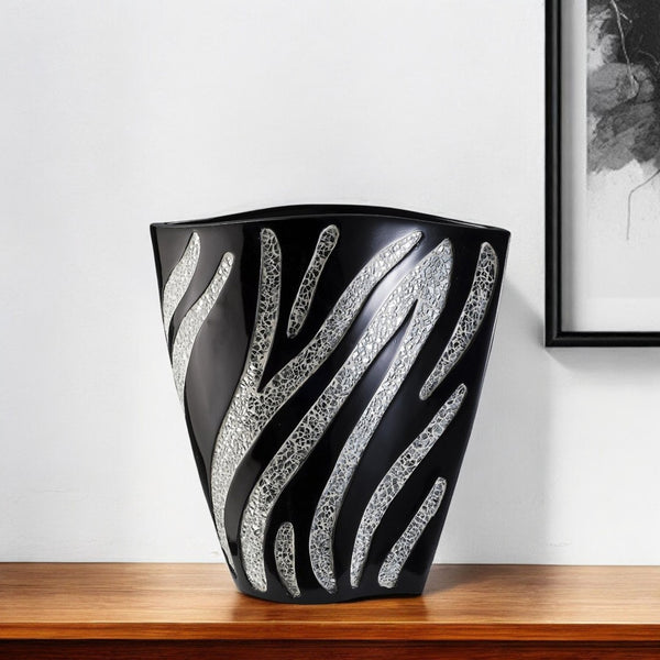 HomeRoots 14" Striking Black and Silver Wavy Polyresin Vase – Modern Centerpiece for Home Decor & Gifting 468943
