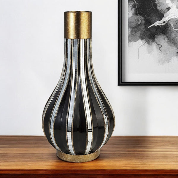 HomeRoots 16" Gold and Black Striped Bud Vase - Glamorous Polyresin Accent for Modern Home Decor & Gifting 468946