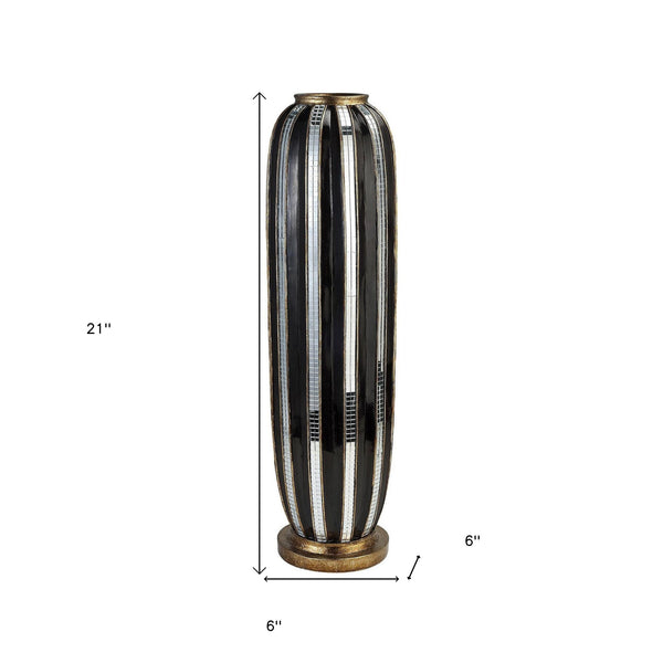 Homeroots 21" Black And Silver Striped Cylinder Polyresin Floor Vase  Polyresin 468947