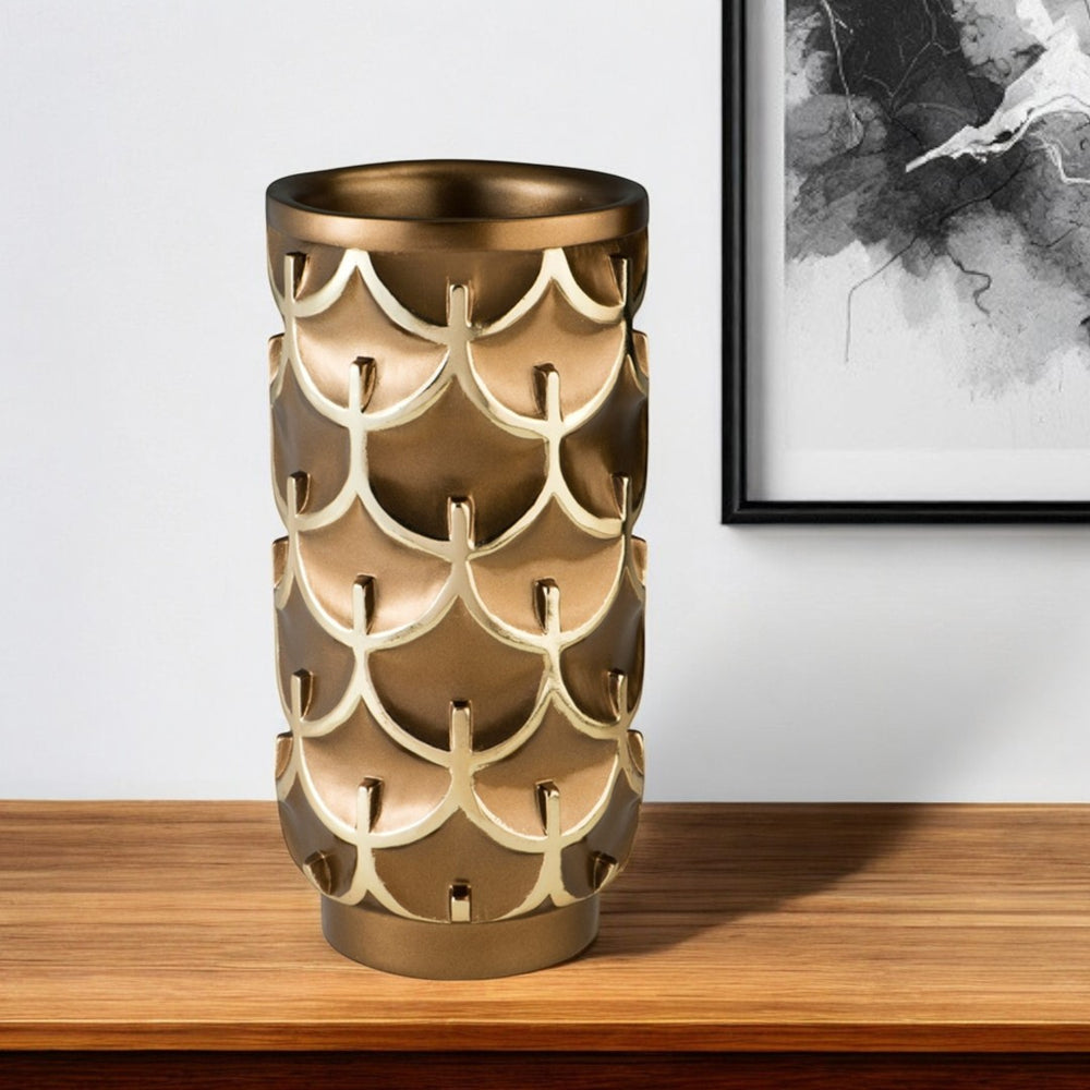 HomeRoots 14" Stunning Polyresin Gold Geometric Cylinder Vase – Modern Accent for Home Decor & Centerpieces 468952