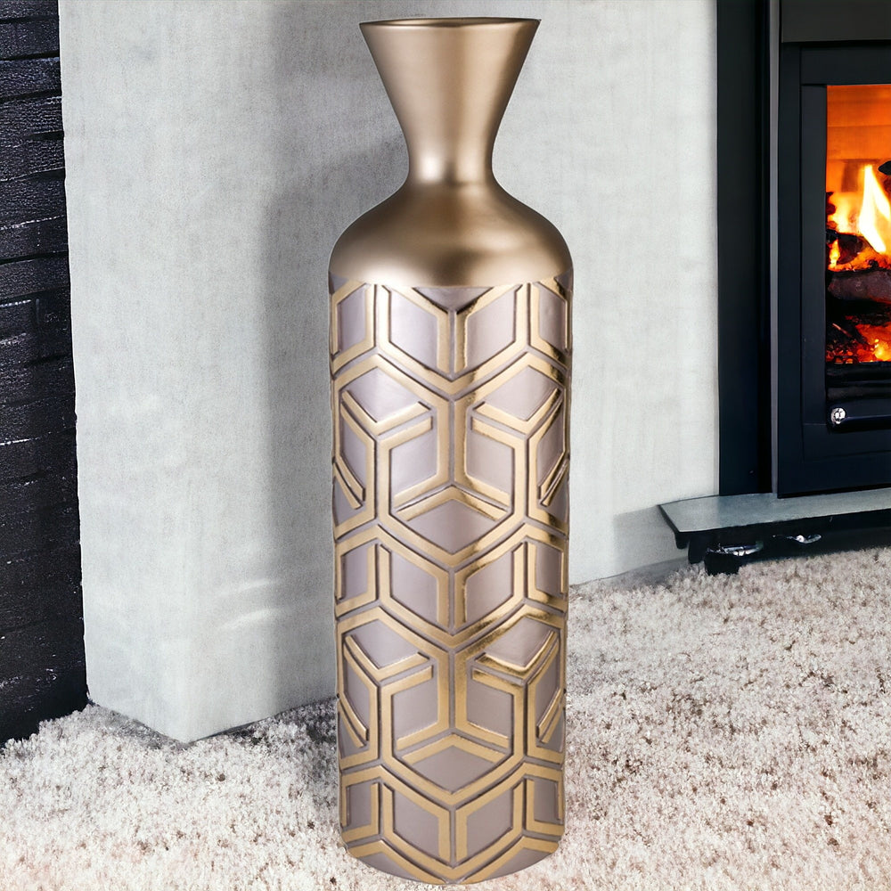 Homeroots 22" Rose Gold Geometric Cylinder Polyresin Floor Vase  Polyresin 468953