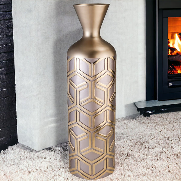 Homeroots 22" Rose Gold Geometric Cylinder Polyresin Floor Vase  Polyresin 468953