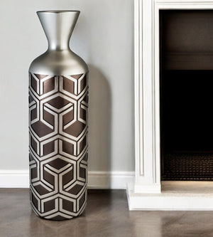 HomeRoots 22" Brown and Silver Geometric Cylinder Floor Vase – Modern Polyresin Accent for Stylish Decor 468954