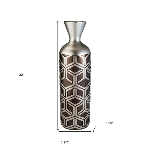 Homeroots 22" Brown And Silver Geometric Cylinder Polyresin Floor Vase  Polyresin 468954