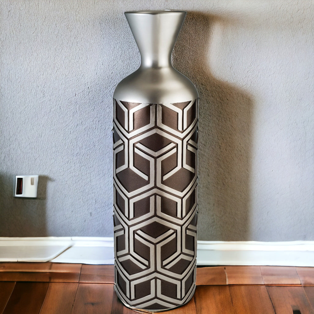 Homeroots 22" Brown And Silver Geometric Cylinder Polyresin Floor Vase  Polyresin 468954
