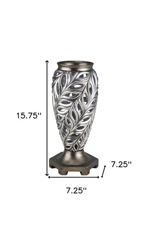 Homeroots 16" Gray And Silver Leaf Urn Polyresin Table Vase  Polyresin 468957