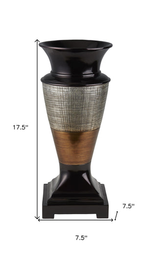 Homeroots 18" Espresso Silver And Gold Striped Urn Polyresin Table Vase  Polyresin 468958