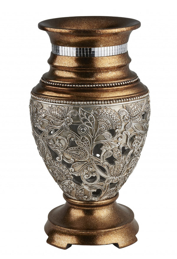 Homeroots 15" Gold And Silver Paisley Polyresin Round Urn Vase  Polyresin 468959