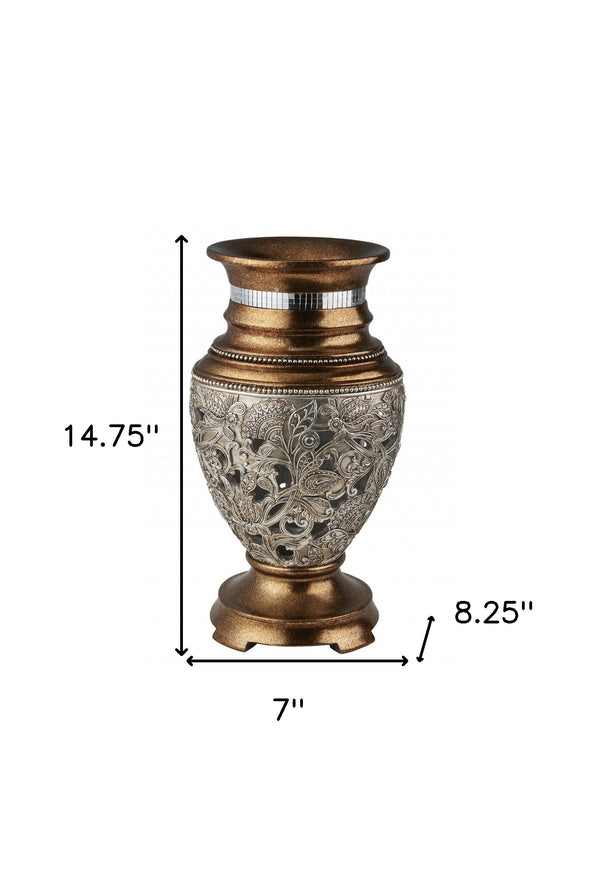 Homeroots 15" Gold And Silver Paisley Polyresin Round Urn Vase  Polyresin 468959
