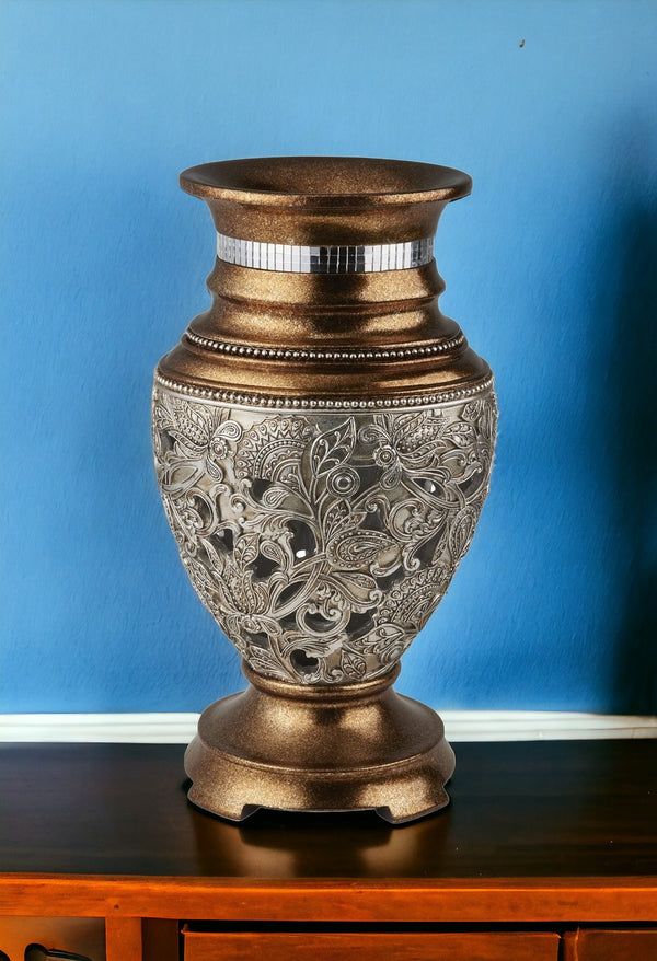 Homeroots 15" Gold And Silver Paisley Polyresin Round Urn Vase  Polyresin 468959