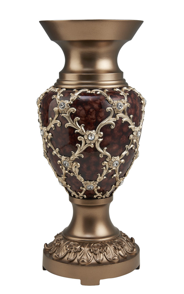Homeroots 18" Gold And Brown Damask Polyresin Round Urn Vase  Polyresin 468961
