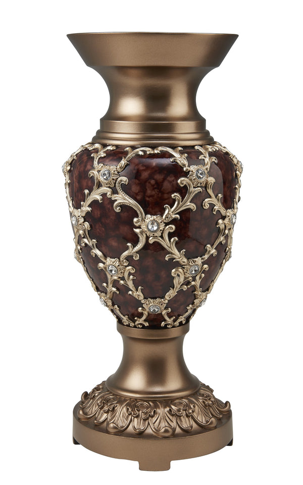 Homeroots 18" Gold And Brown Damask Polyresin Round Urn Vase  Polyresin 468961