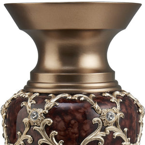 Homeroots 18" Gold And Brown Damask Polyresin Round Urn Vase  Polyresin 468961