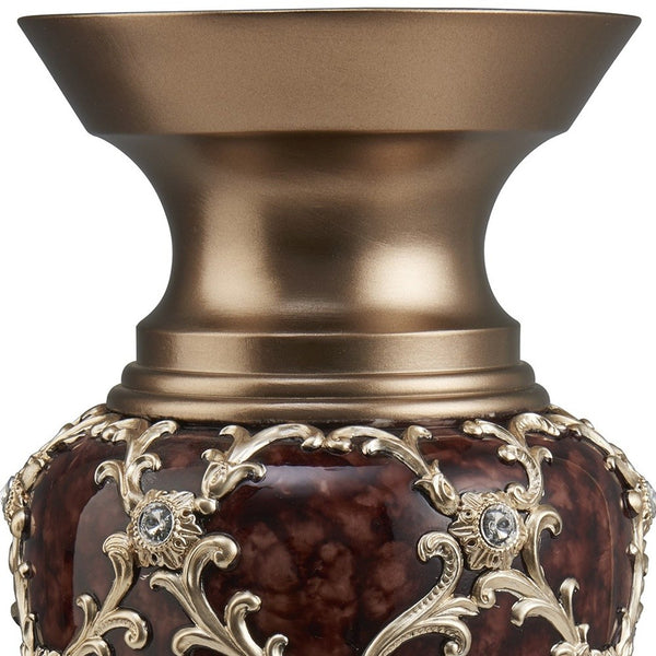 Homeroots 18" Gold And Brown Damask Polyresin Round Urn Vase  Polyresin 468961