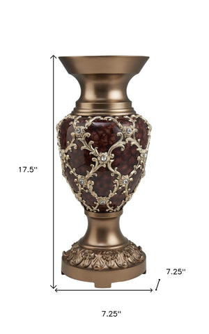 Homeroots 18" Gold And Brown Damask Polyresin Round Urn Vase  Polyresin 468961