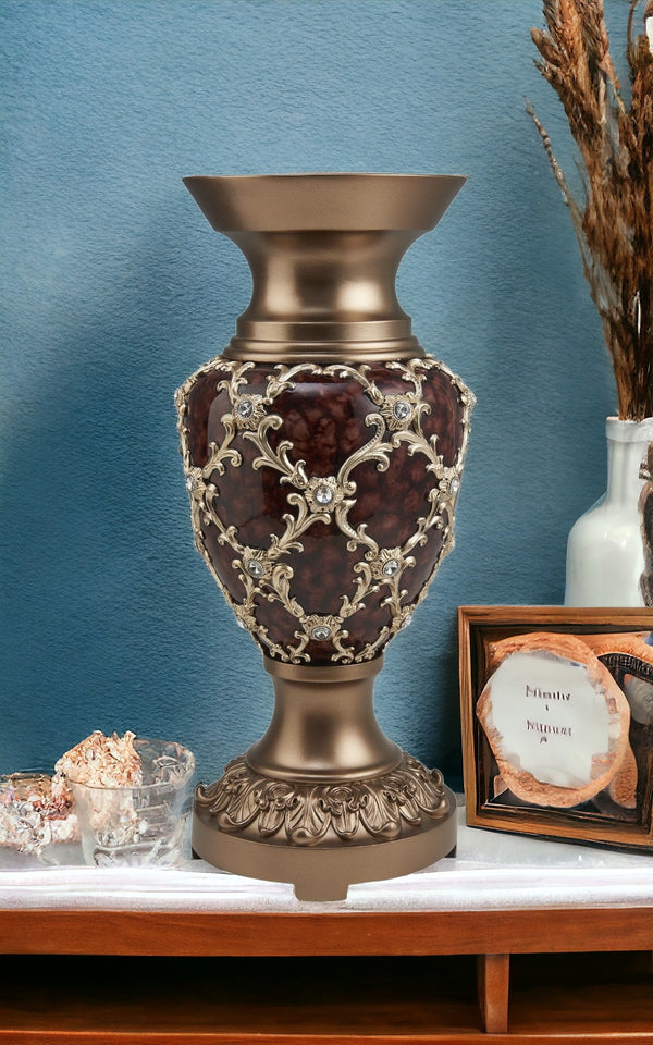 Homeroots 18" Gold And Brown Damask Polyresin Round Urn Vase  Polyresin 468961