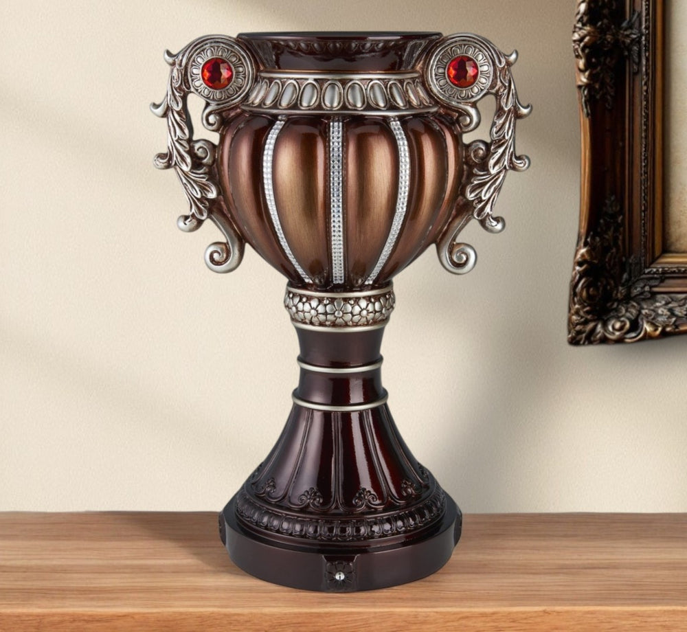HomeRoots 18" Elegant Bronze & Silver Floral Urn - Hand-Finished Polyresin Table Vase for Chic Decor 468964