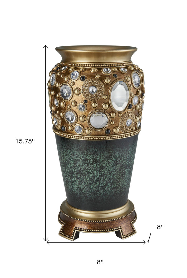 Homeroots 16" Green And Gold Urn Polyresin Table Vase With Crystals  Polyresin 468965