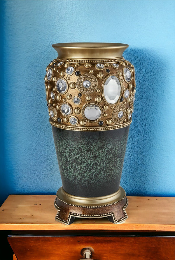 Homeroots 16" Green And Gold Urn Polyresin Table Vase With Crystals  Polyresin 468965