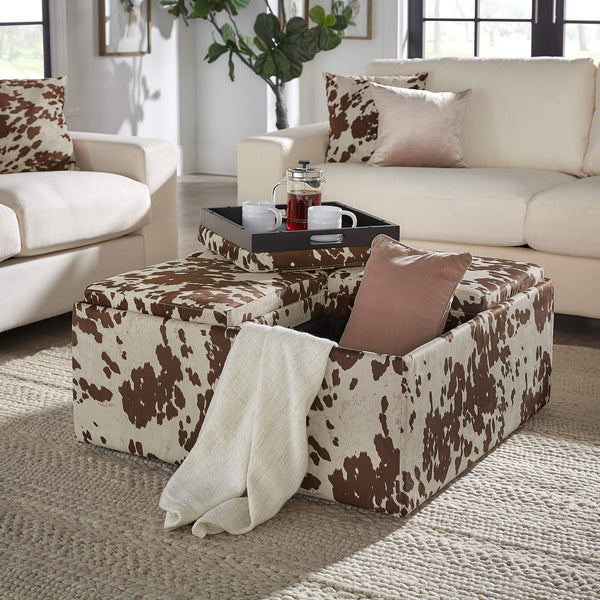 Novelia Faux Cowhide Storage Ottoman with Reversible Tray Lids on Casters