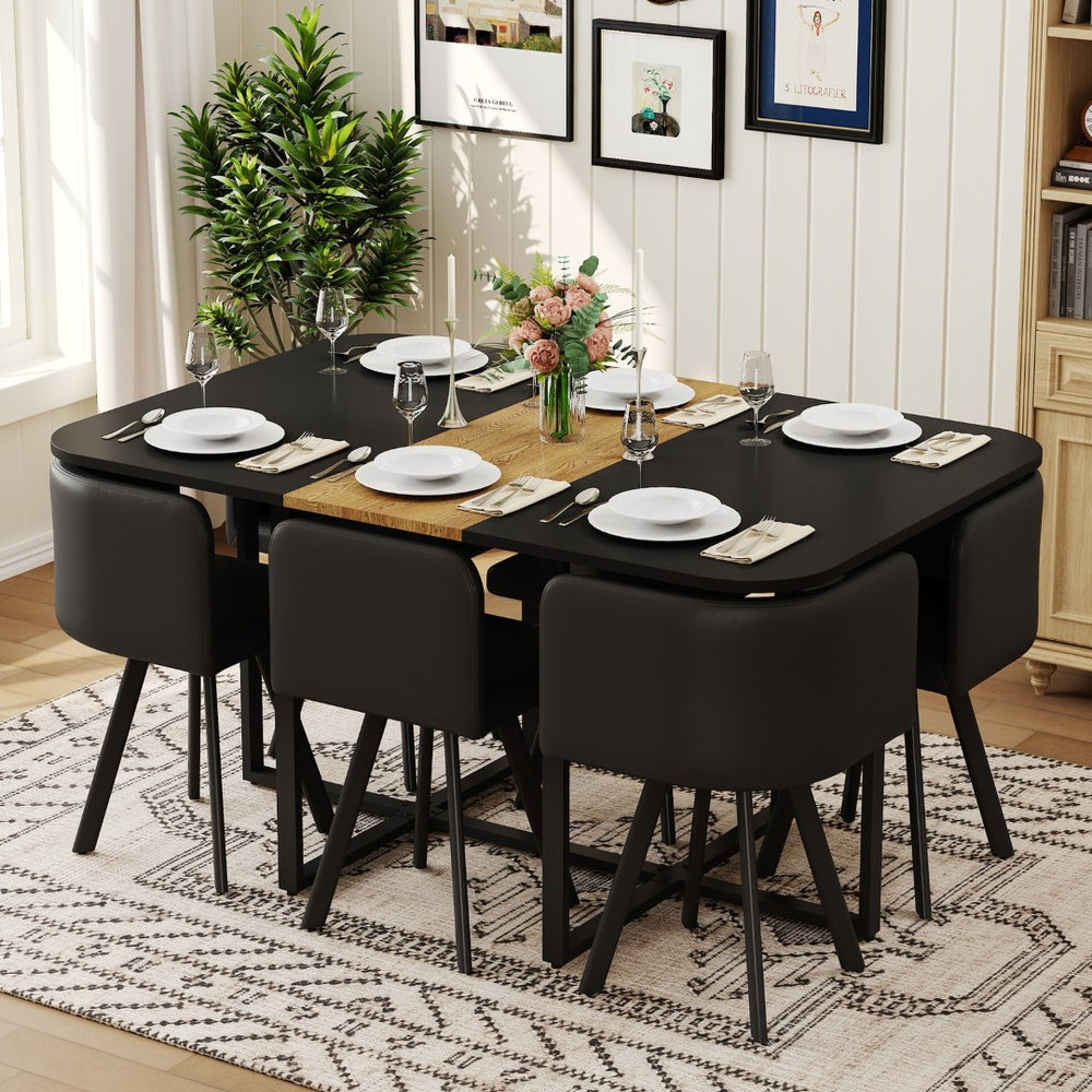 English Elm 7 Piece Industrial Dining Set Two-tone Wood Grain Table with Six Pu Leather Chairs W3875S00098