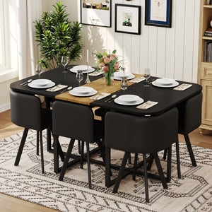 English Elm 7 Piece Industrial Dining Set Two-tone Wood Grain Table with Six Pu Leather Chairs W3875S00098