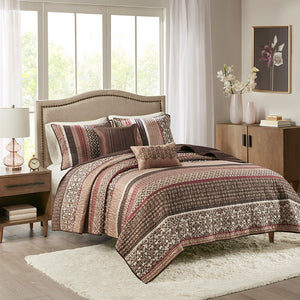 JLA Home Madison Park - 5 Piece Reversible Jacquard Quilt Set with Chocolate Brown Leaf, Stripe & Medallion Motifs, Luxury Texture Red MP13-615