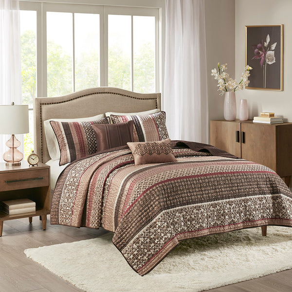 JLA Home Madison Park - 5 Reversible Jacquard Quilt Set with Chocolate Base, Leaf & Medallion Motifs, Pleated Embroidered Pillows Red MP13-616
