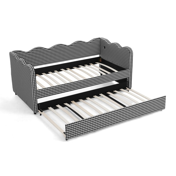 English Elm Cozy Twin Gingham Daybed with Trundle Sofa Bed, Linen Upholstery, USB Port, Wave Frame Design Black W1413S00102