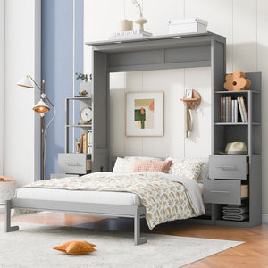 English Elm Queen Murphy Wall Bed with Led Lighting Open Shelves Drawers Space Saving Cabinet Gray LP000566AAE-3