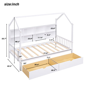 English Elm Wooden Twin House Bed with Roof & 2 Drawers, Storage Shelf, Pine Frame, Contemporary White Finish WF301456AAK