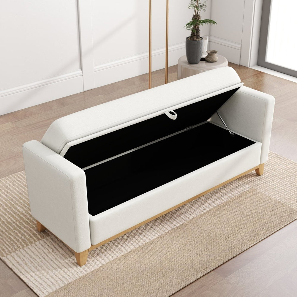 English Elm 66 Inch Sherpa Upholstered Storage Bench with Fluted Wood Base and Bolster Pillows Beige+Natural W1658P446112
