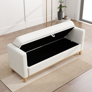 English Elm 66 Inch Sherpa Upholstered Storage Bench with Fluted Wood Base and Bolster Pillows Beige+Natural W1658P446112