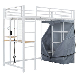 English Elm Twin Loft Bed with Built-In Desk, LED Light Strip, Power Outlet & Fabric Wardrobe for Small Rooms White SF000178AAK