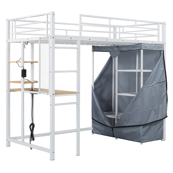 English Elm Twin Loft Bed with Built-In Desk, LED Light Strip, Power Outlet & Fabric Wardrobe for Small Rooms White SF000178AAK