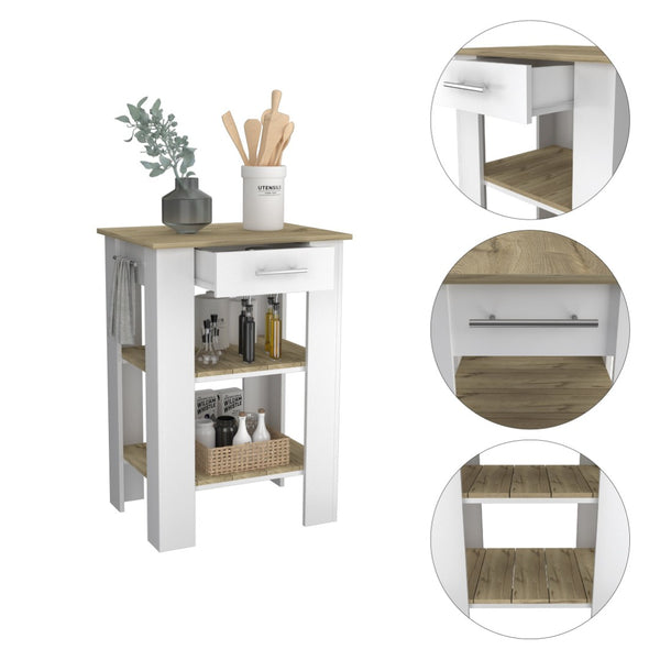 English Elm Brooklyn Two-tone Kitchen Island with Oak Top Open Shelves Drawer and Towel Rack B128P148882