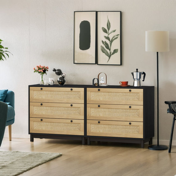 English Elm 3-Drawers Storage Cabinet Set Of 2 - Stylish Rope Woven Fronts For Modern Bedroom & Living Room Use W757S00033