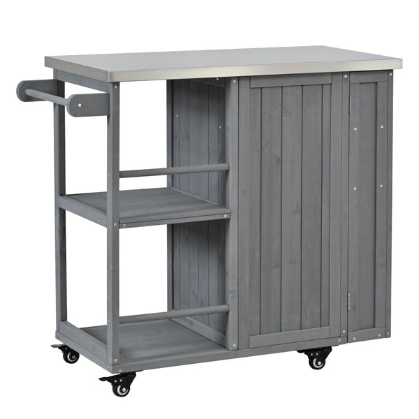English Elm Foldable Outdoor Kitchen Cart with Stainless Worktop Fir Wood Frame and Lockable Wheels Grey N719P380278E