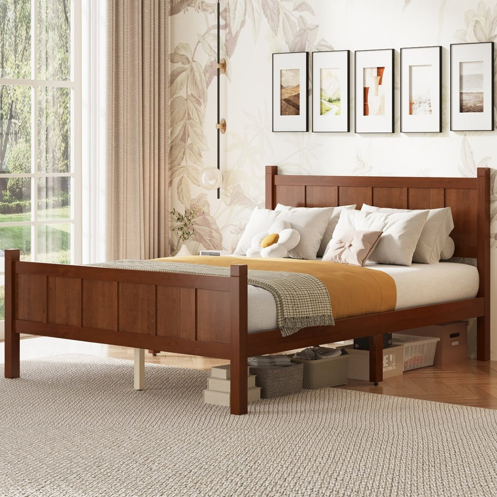 English Elm Twin Platform Bed Vertical Slat Headboard Farmhouse Shaker Wood Grain Finish Bedroom Dark Walnut N733P422479P