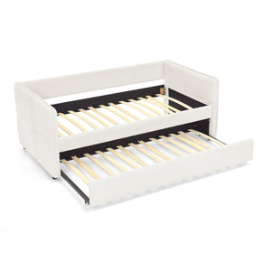 English Elm Daybed With Trundle - Elegant Tufted Sofa Bed In Soft Beige Boucle For Stylish Small Spaces & Guests W1413S00092