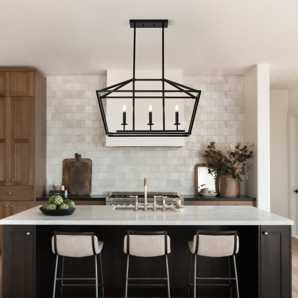 English Elm 3-light Industrial Farmhouse Linear Chandelier Matte Black Metal for Island or Dining W5008P465017