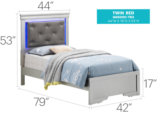 English Elm Lorana Twin Bed with Jeweled Tufted Headboard and LED Accents, Metallic Finish, Durable Wood Veneer Silver 80 L x 4 W x 8 H B078S00588