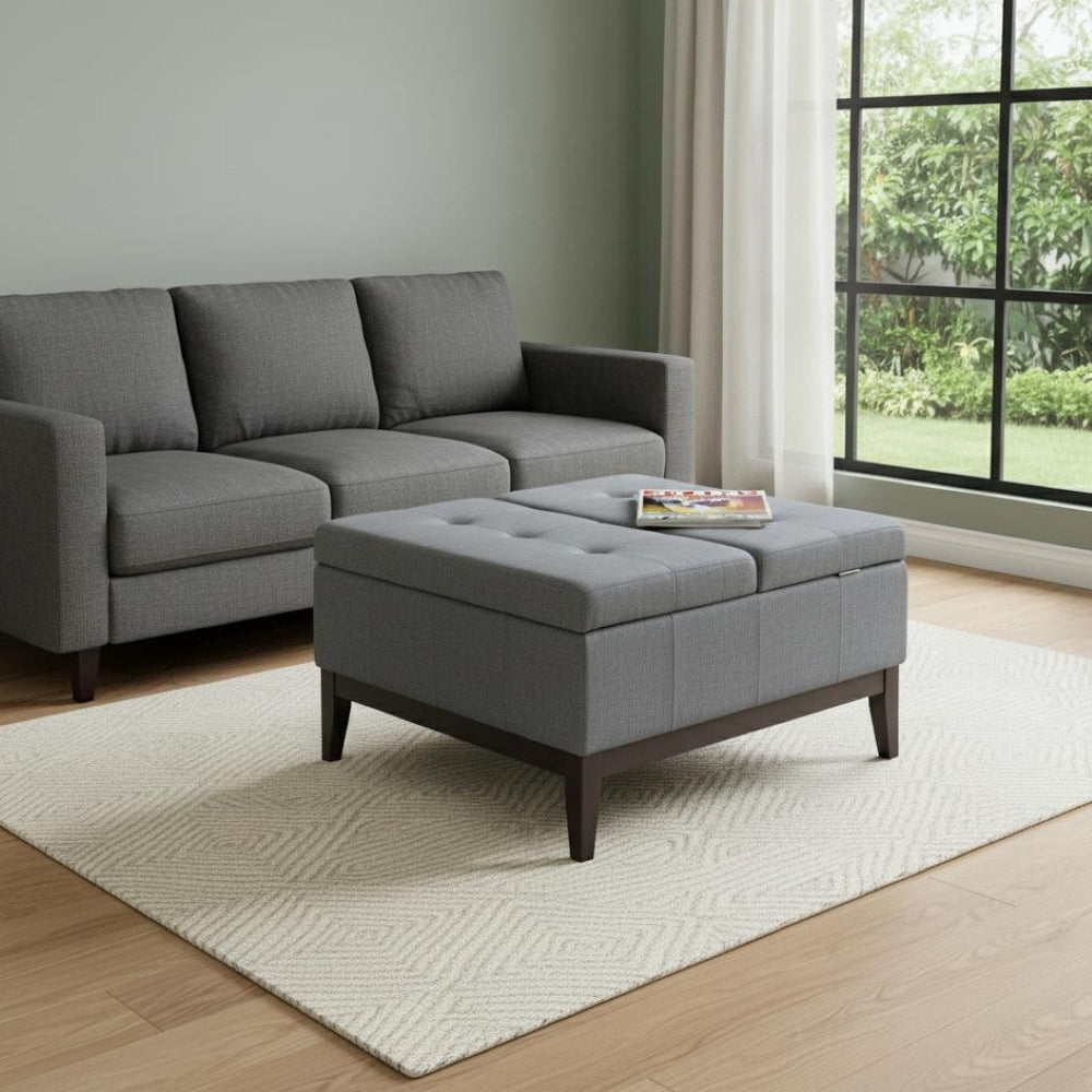 HomeRoots 36" Slate Blue Linen Tufted Storage Ottoman - Stylish Seating & Discreet Organizer with Modern Design 469003