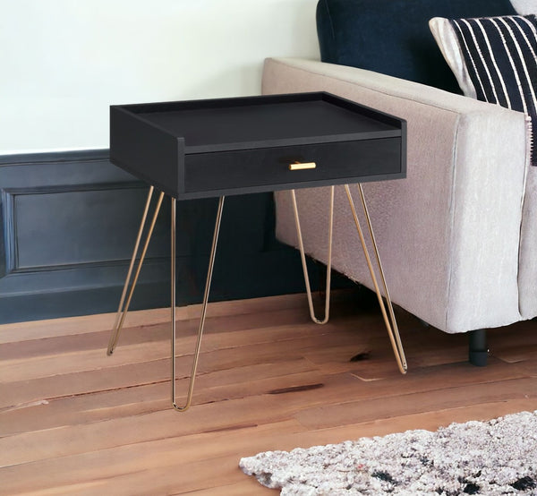 HomeRoots 24" Gold and Black End Table with Drawer - Chic Mid-Century Accent Table for Stylish Living Spaces 469044