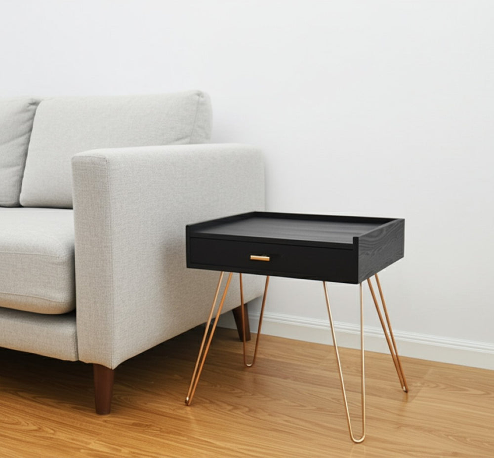 HomeRoots 24" Gold and Black End Table with Drawer - Chic Mid-Century Accent Table for Stylish Living Spaces 469044