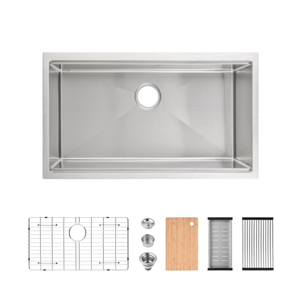 English Elm Kitchen Undermount Handcrafted Stainless Steel Single Bowl Sink with Workstation Accessories T3177P286047