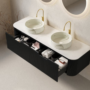 English Elm Dina 60 Inch Floating Bathroom Vanity Sintered Stone Top Dual Glass Basins Wood Grain Black,Carrara White,Stone White W2615S00702